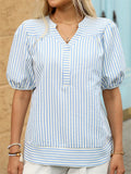 Women's Summer Striped V Neck Bishop Sleeve Shirts