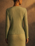 Women Sage Green Beige Plisse Tie Front Long Sleeve Cardigan Top