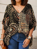 Plus Size Women's Summer Boho Style Print V Neck Short Sleeve Shirt