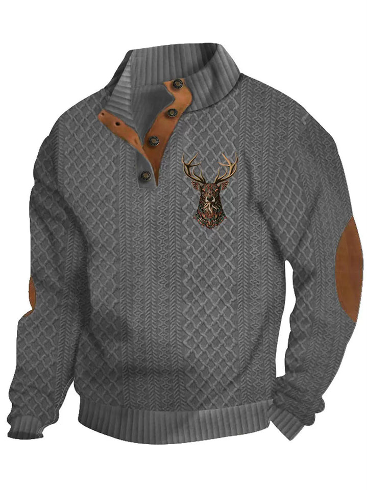 Men's Retro Cabin-Style Deer Sweatshirt with Elbow Patches