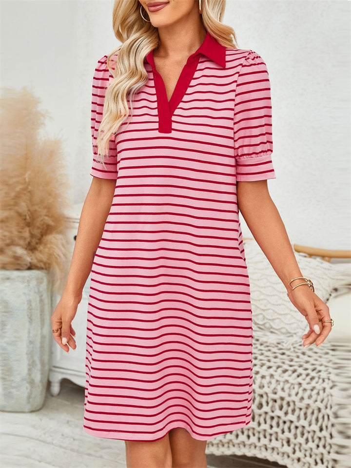 Women's Contrast Color Stripe Lapel Mini Dress