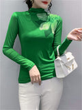 Women's Long Sleeve Flower Print Mesh High Neck Top