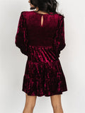 Women's Elegant Velvet Ruffle Round Neck Balloon Sleeve Dress
