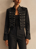 Women Chic Military Style Denim Jacket Slim Fit Cropped Coat