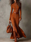 ‌Elegant Brown Zip Up Slim Fit Split Maxi Dress for Women‌