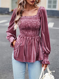 Ladies Puff Long Sleeve Square-neck Velvet Shirt