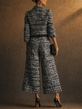 Women 2 Piece Chic Tweed Plaid Cropped Jacket Wide Leg Pants Set