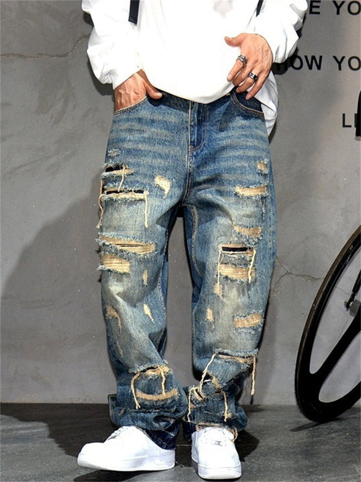 Men's Stylish Blue Distressed Ripped Wide Leg Denim Jeans