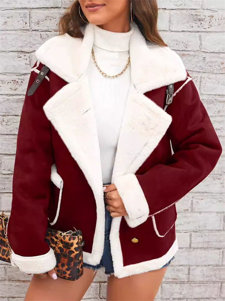Women's Winter Trendy Contrast Color Patchwork Lapel Single Breasted Coats