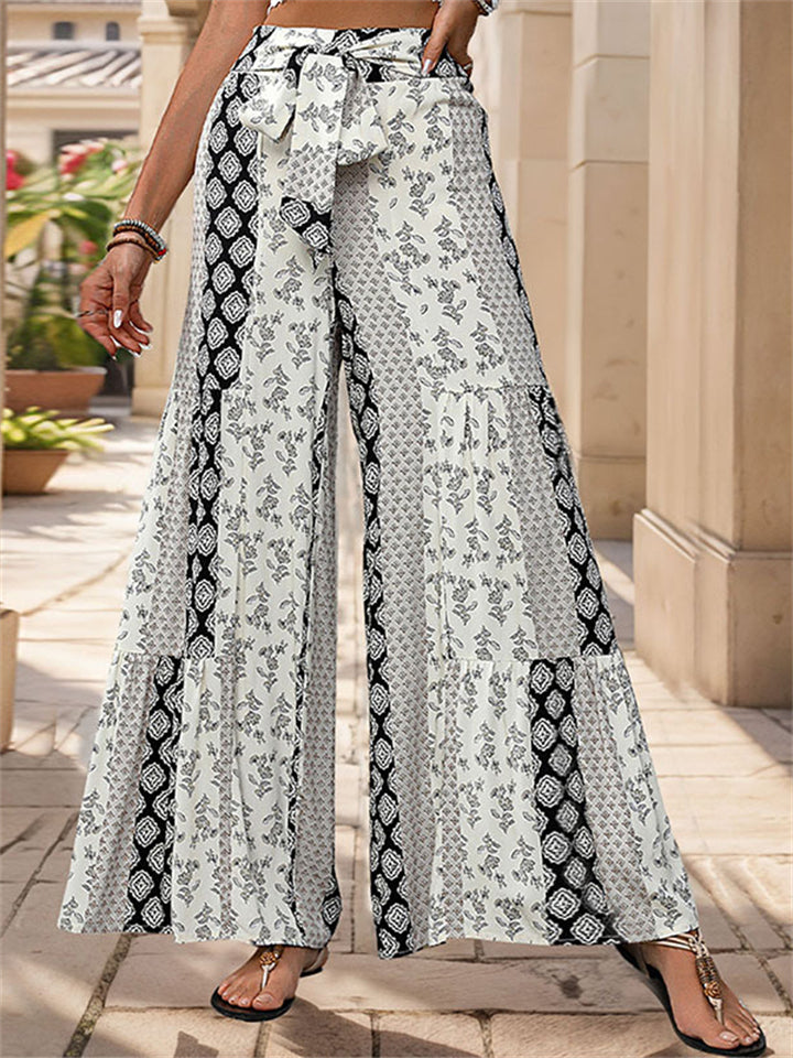 Summer Women's Patchwork Tie-waist Wide Leg Pants