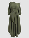 Women's Green Elegant Slanted Shoulder Tie-waist Asymmetric Hem Dress