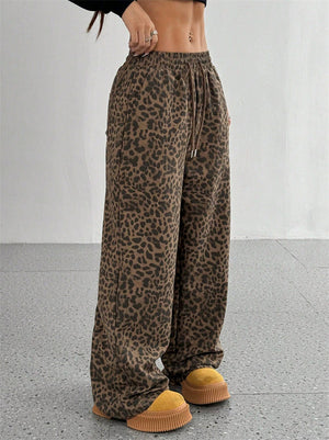 Women's Retro Street Drawstring Leopard Printed Wide Leg Pants