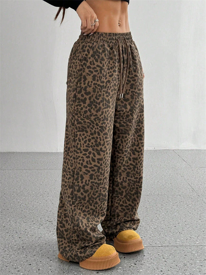 Women's Retro Street Drawstring Leopard Printed Wide Leg Pants