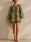 Women's Lantern Sleeve Polka Dot Off Shoulder Lace Trim Mini Dress