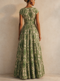 Holiday Style Floral Print Ruched Waist V-Neck Maxi Dress for Women