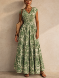 Holiday Style Floral Print Ruched Waist V-Neck Maxi Dress for Women
