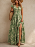 Holiday Style Floral Print Ruched Waist V-Neck Maxi Dress for Women