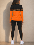 Women 2 Piece Leopard Color Block Long Sleeve Leggings Set