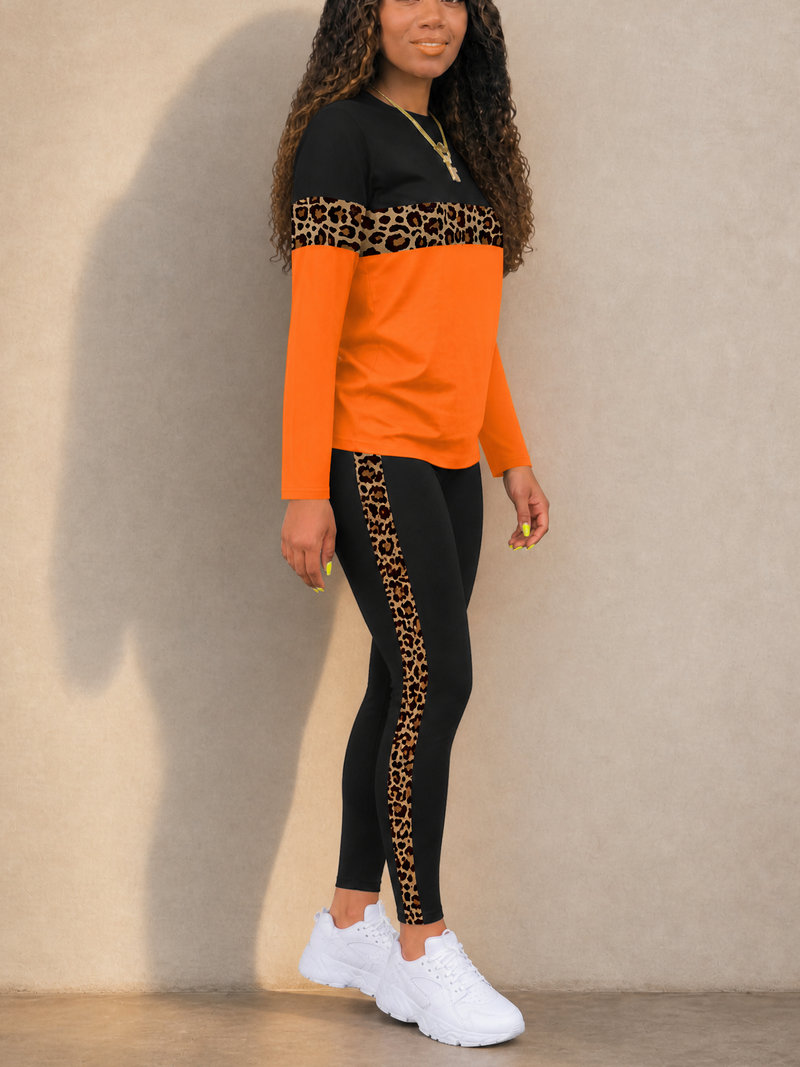 Women 2 Piece Leopard Color Block Long Sleeve Leggings Set