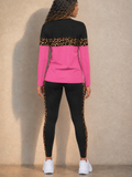 Women 2 Piece Leopard Color Block Long Sleeve Leggings Set