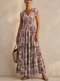 Holiday Style Floral Print Ruched Waist V-Neck Maxi Dress for Women