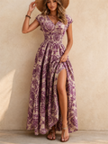 Holiday Style Floral Print Ruched Waist V-Neck Maxi Dress for Women