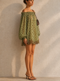Women's Lantern Sleeve Polka Dot Off Shoulder Lace Trim Mini Dress