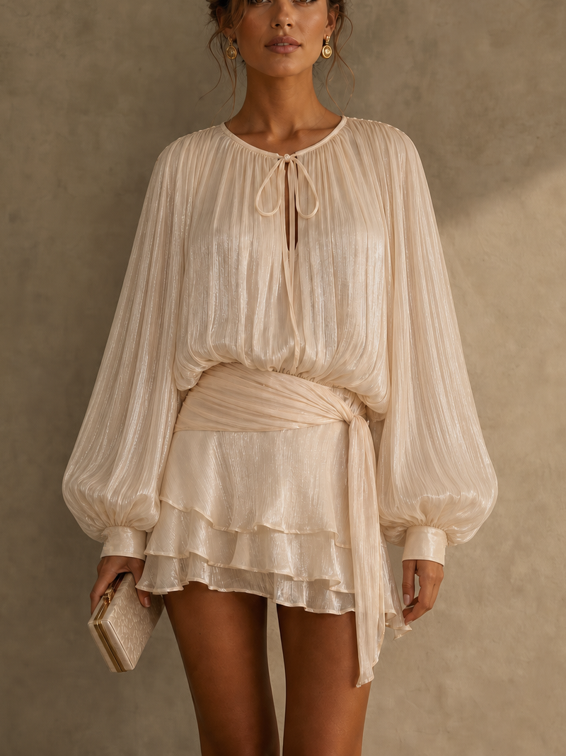Women's Sweet Style Metallic Pleated Tiered Ruffle Mini Dress