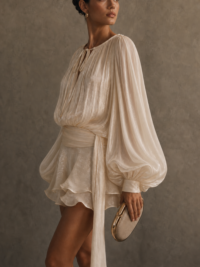 Women's Sweet Style Metallic Pleated Tiered Ruffle Mini Dress
