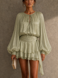 Women's Sweet Style Metallic Pleated Tiered Ruffle Mini Dress