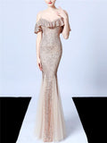 Shiny Sequin Strappy Mermaid Formal Tulle Dress for Dinner