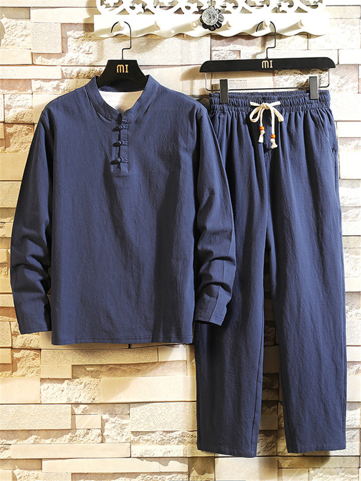 Men's Comfy Cotton Linen Sets Long-Sleeved T-shirt + Trousers With Pockets