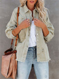 Women's Trendy Lapel Raw Edge Long Sleeve Denim Jacket