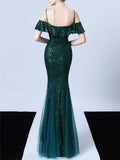 Shiny Sequin Strappy Mermaid Formal Tulle Dress for Dinner