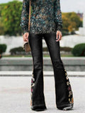 Slim Fit Floral Embroidery Bell Bottom Denim Pants