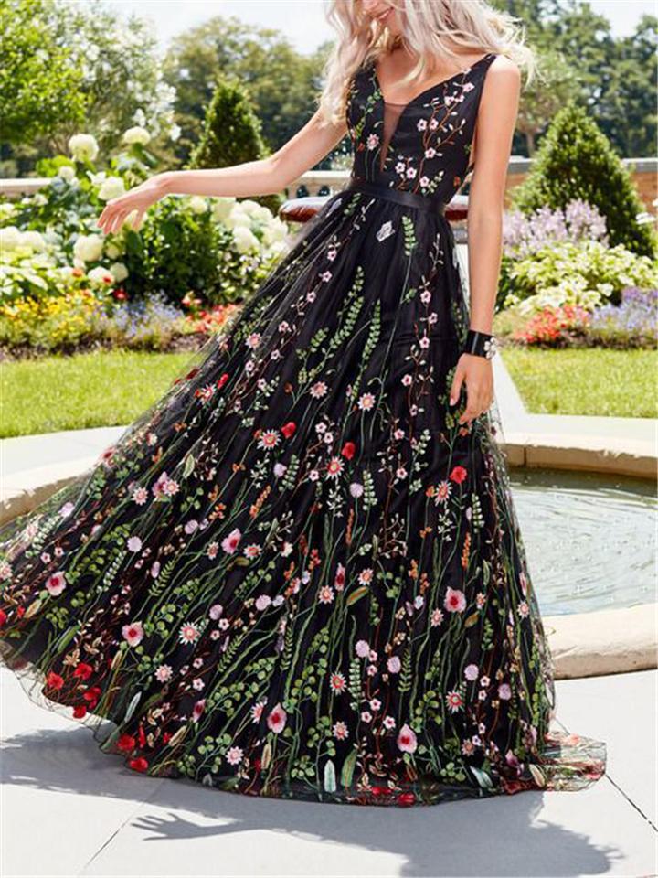 Flowing Floral Print Backless Fitted Waist Tulle Dress for Prom