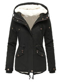 Cozy Fur Lining Full Zipper Waist Drawstring Pocket Hooded Coat