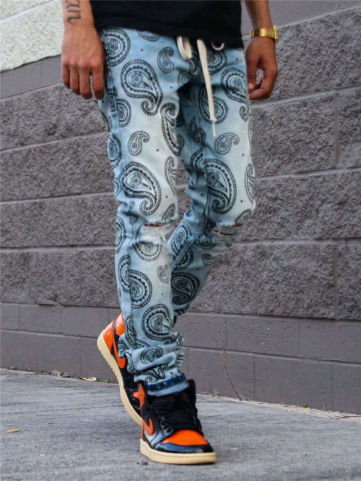 Stylish Street Printed Straight-Leg Pants Drawstring Ripped Jeans