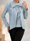 Office Lady Lovely Oversize Bow Classic Blue Denim Blouses