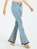 Women's Vintage Style Floral Embroidery Bell Bottom Blue Jeans