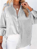 Female Chic Stripe Stand Collar Loose Puff Sleeve Blouses