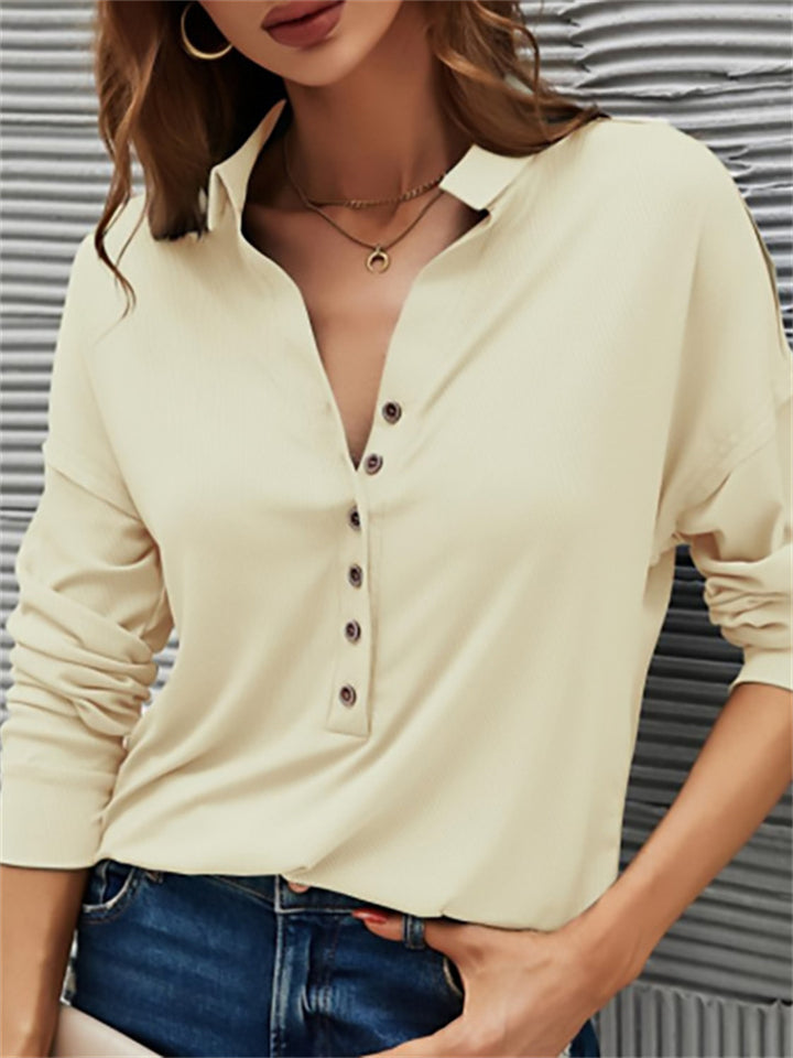 Women's Spring V Neck Button Design Pullover Slim Fit Blouses