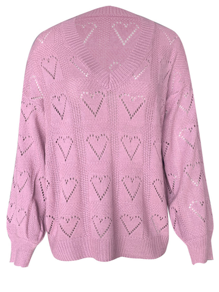 Women's Hollow Out Loving Heart Sexy V Neck Super Soft Sweaters