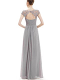 Elegant Cap Sleeve Lace Neckline Ruched Bust Evening Dress