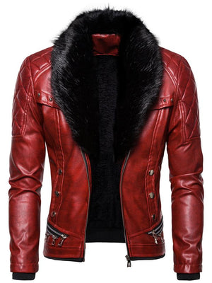 Fashion Solid Color Zipper Stitching Fur Collar Men's Leather Jacket