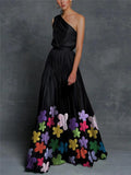 Black With Colorful Floral Embellished Charm One-Shoulder Swing Dress For Party