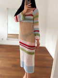 New Stylish Multi Striped Hollow Out Bodycon Long Crochet Dresses