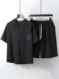 Lightweight Linen Two-Piece Outfit Wrap Neck T-Shirt + Elastic Waistband Knee-Length Pants