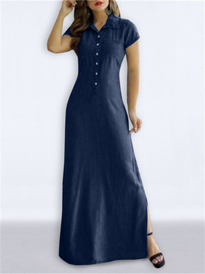 Lady Trendy Swing Side Slit Denim Dresses with Pockets
