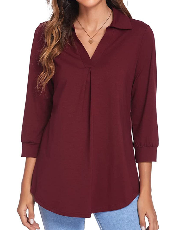 Lapel Solid Color 3/4 Sleeve Pullover Blouses